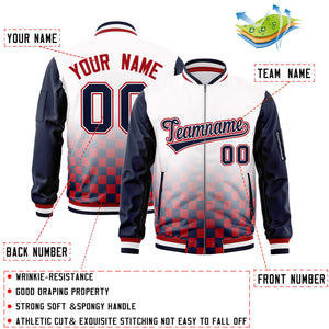 Custom White Navy-Red Grid Varsity Full-Zip Color Block Letterman Raglan Sleeve Jacket