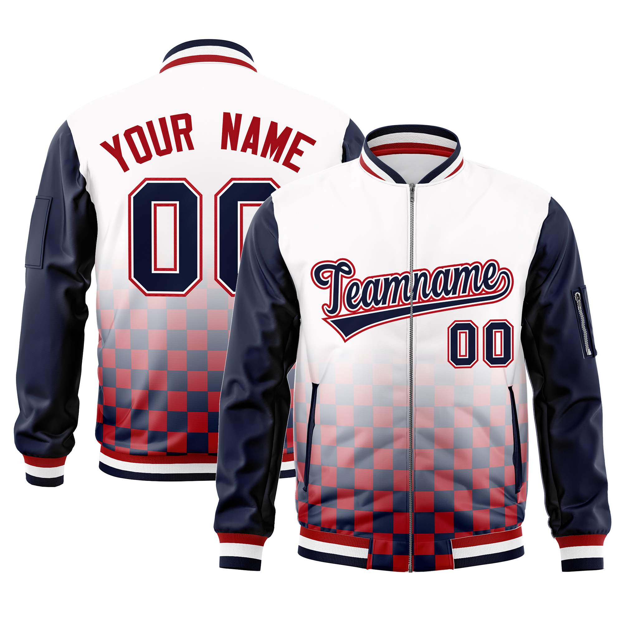 Custom White Navy-Red Grid Varsity Full-Zip Color Block Letterman Raglan Sleeve Jacket