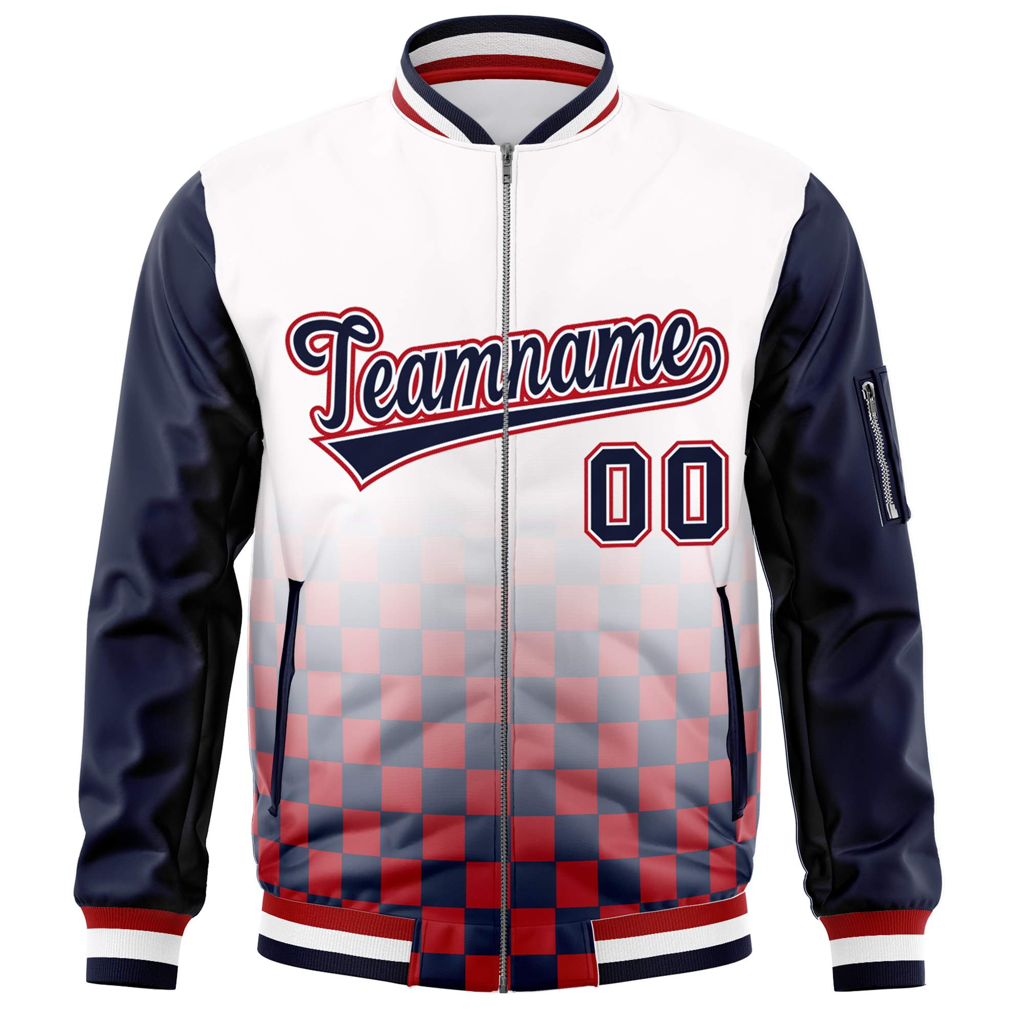 Custom White Navy-Red Grid Varsity Full-Zip Color Block Letterman Raglan Sleeve Jacket