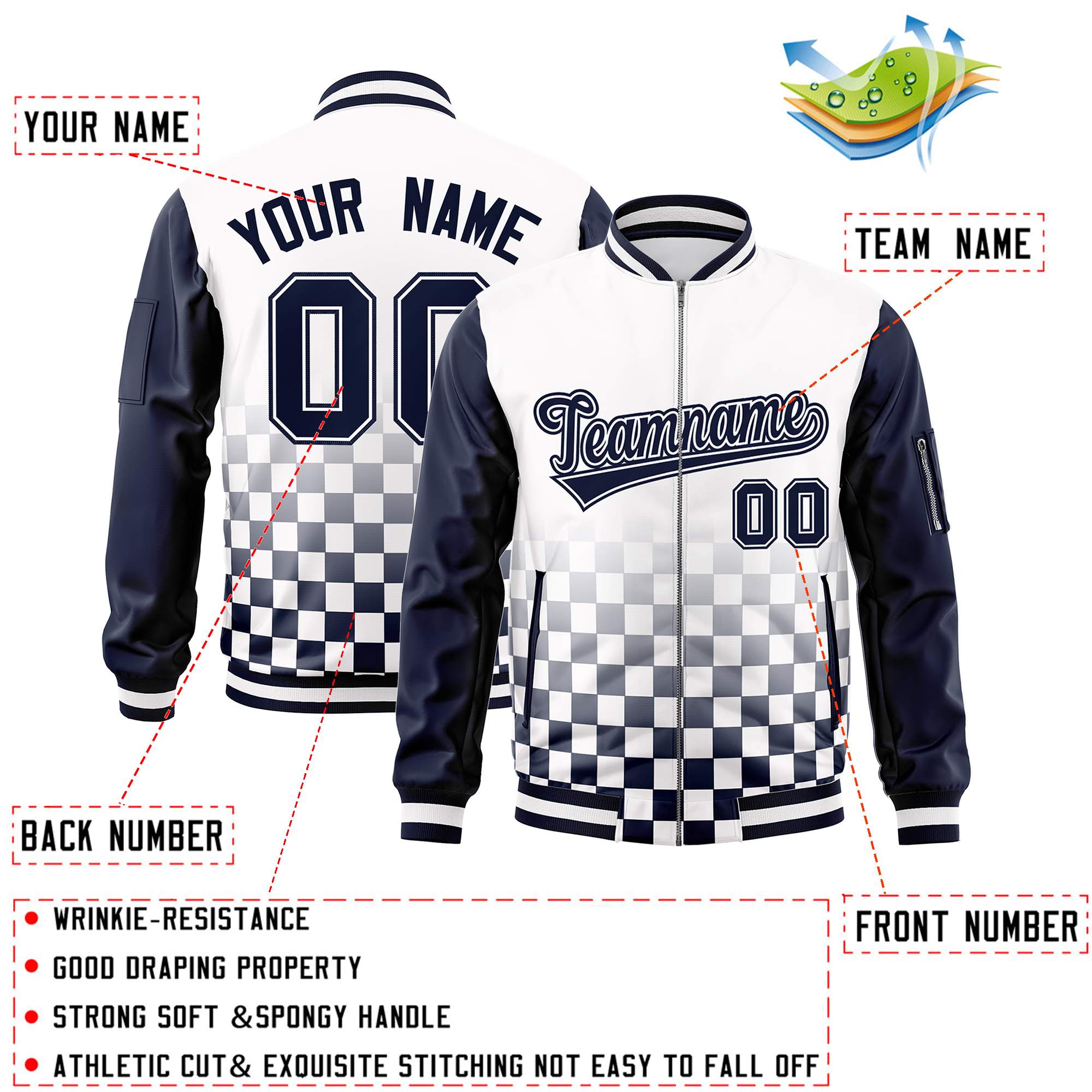 Custom White Navy Grid Varsity Full-Zip Color Block Letterman Raglan Sleeve Jacket