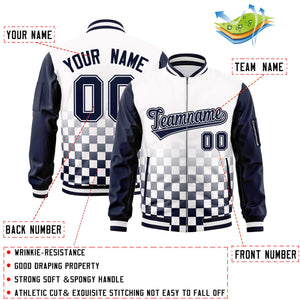 Custom White Navy Grid Varsity Full-Zip Color Block Letterman Raglan Sleeve Jacket