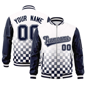 Custom White Navy Grid Varsity Full-Zip Color Block Letterman Raglan Sleeve Jacket