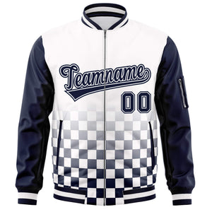 Custom White Navy Grid Varsity Full-Zip Color Block Letterman Raglan Sleeve Jacket