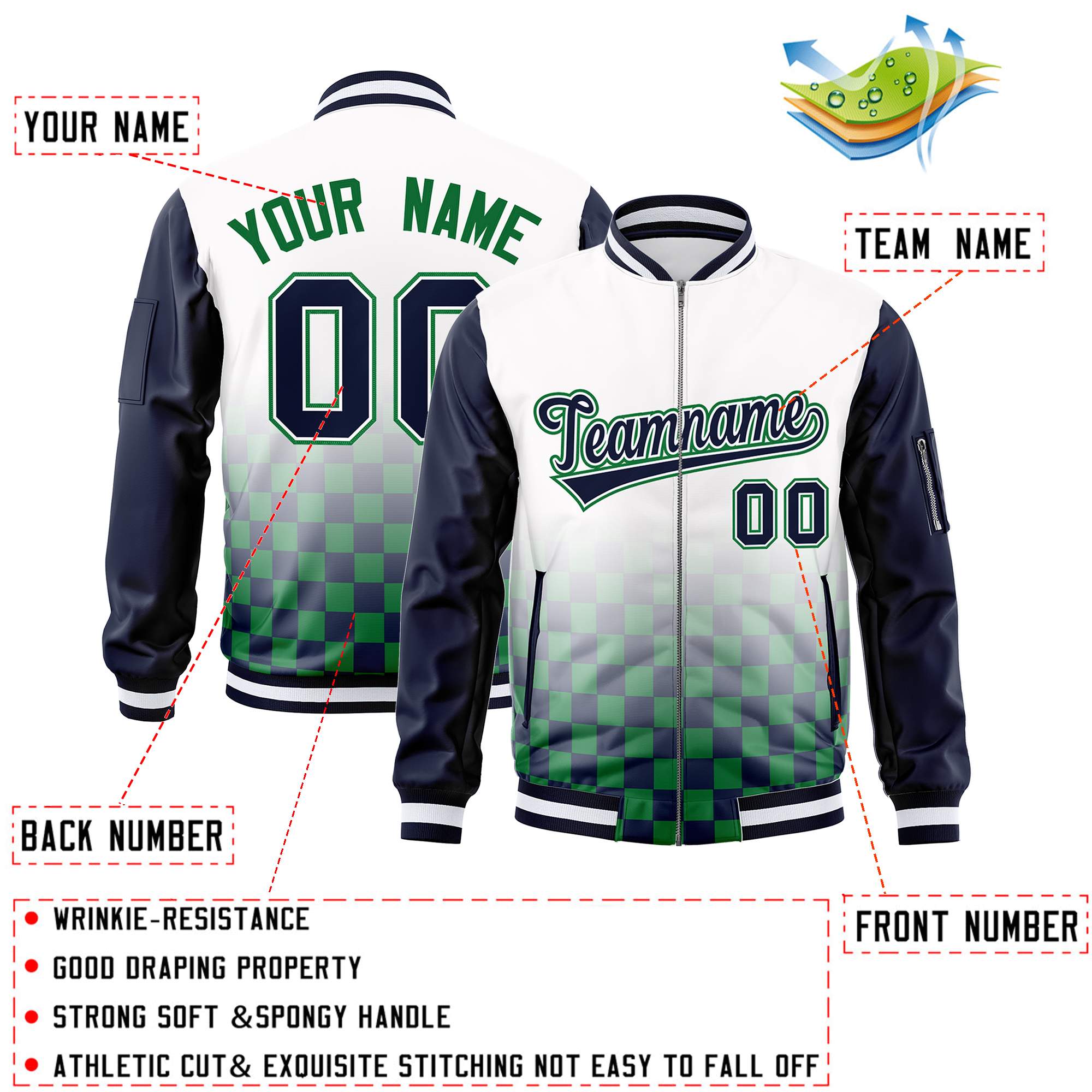 Custom White Navy-Kelly Green Grid Varsity Full-Zip Color Block Letterman Raglan Sleeve Jacket