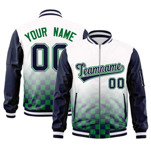 Custom White Navy-Kelly Green Grid Varsity Full-Zip Color Block Letterman Raglan Sleeve Jacket