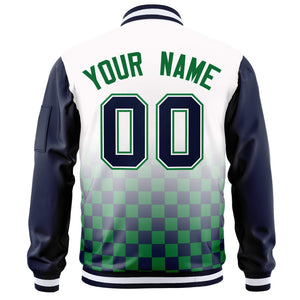 Custom White Navy-Kelly Green Grid Varsity Full-Zip Color Block Letterman Raglan Sleeve Jacket