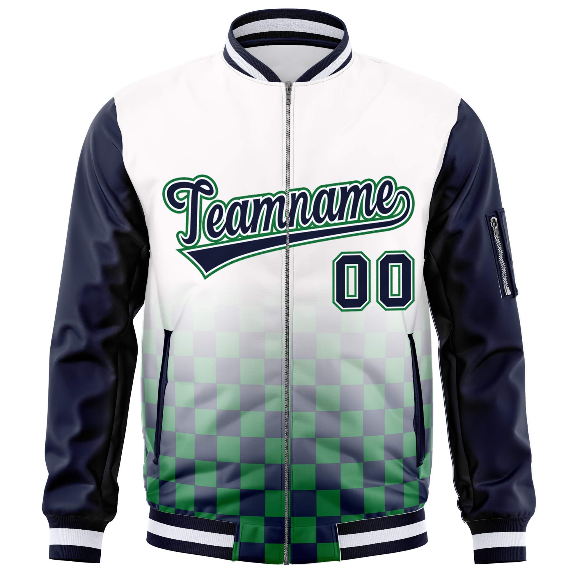 Custom White Navy-Kelly Green Grid Varsity Full-Zip Color Block Letterman Raglan Sleeve Jacket