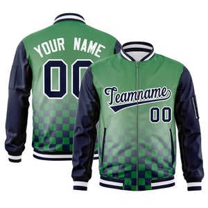 Custom Kelly Green Navy-White Grid Varsity Full-Zip Color Block Letterman Raglan Sleeve Jacket