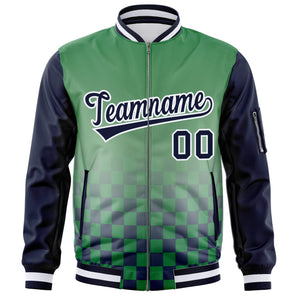 Custom Kelly Green Navy-White Grid Varsity Full-Zip Color Block Letterman Raglan Sleeve Jacket