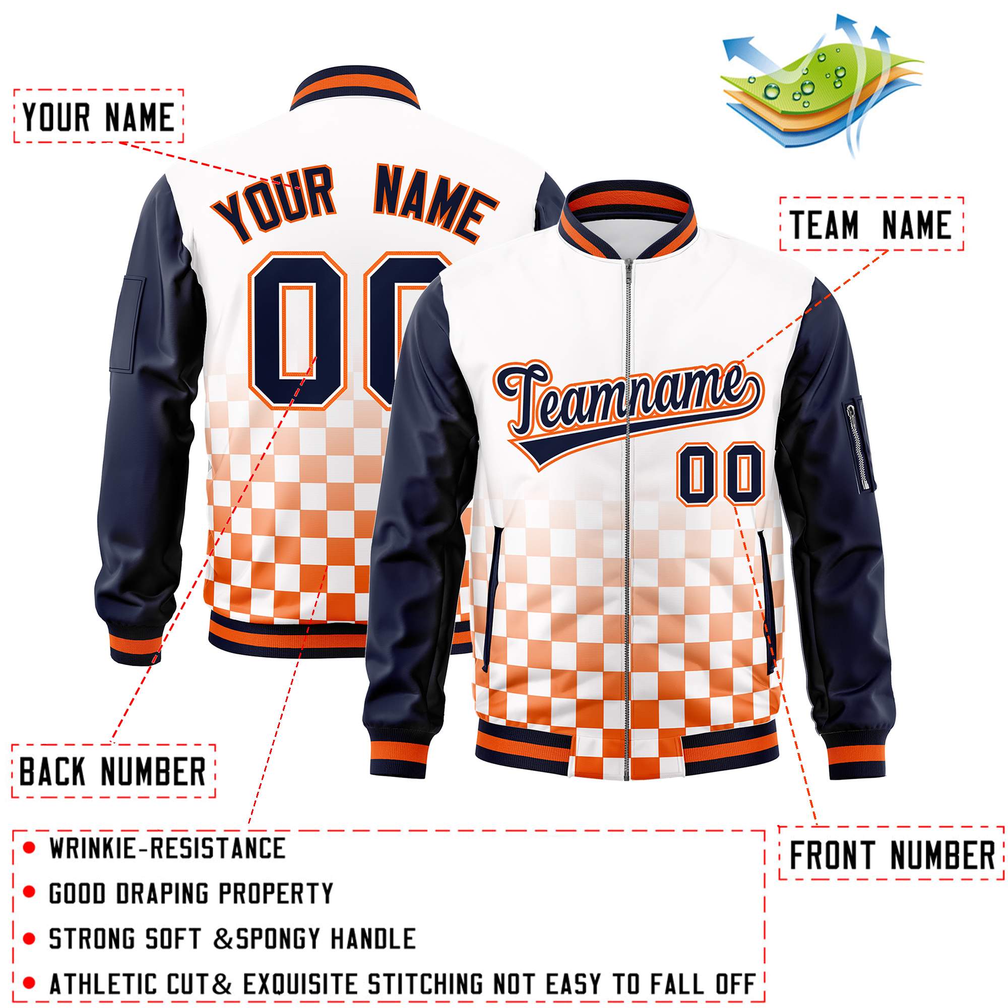 Custom White Navy-Orange Grid Varsity Full-Zip Color Block Letterman Raglan Sleeve Jacket