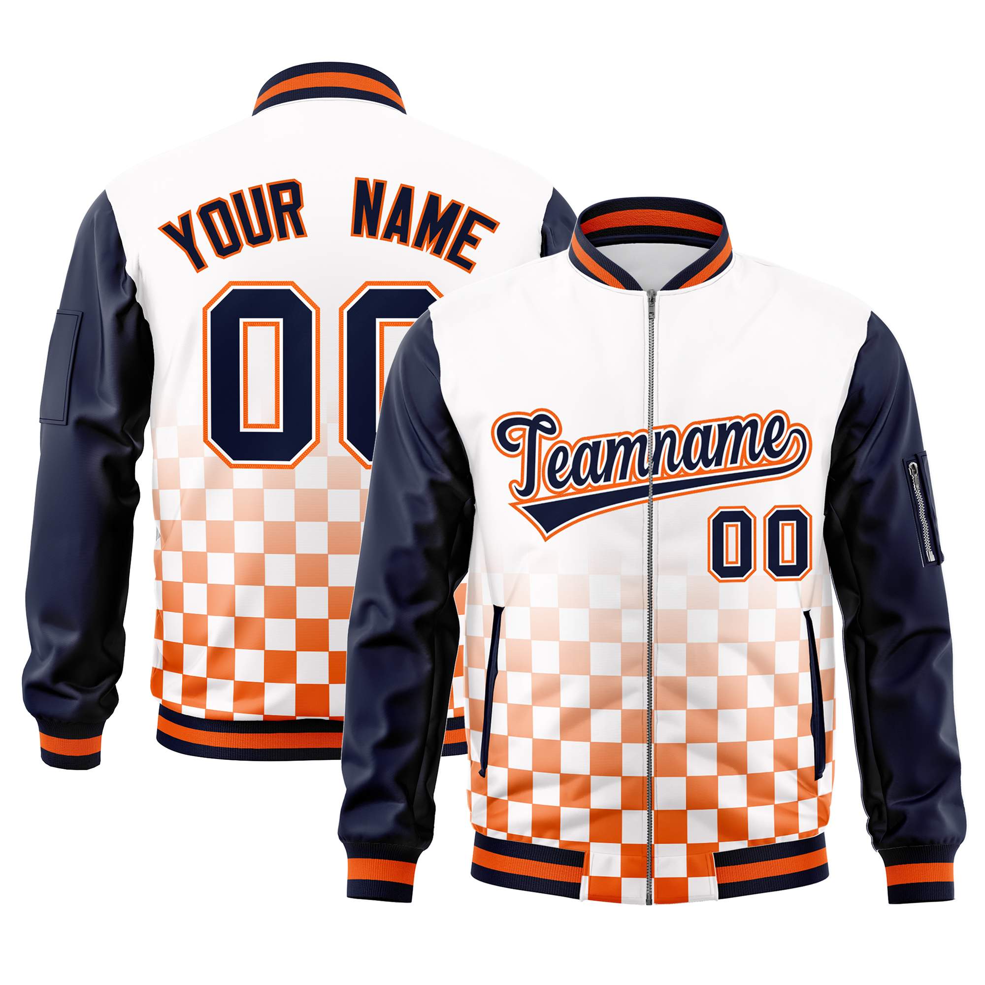 Custom White Navy-Orange Grid Varsity Full-Zip Color Block Letterman Raglan Sleeve Jacket