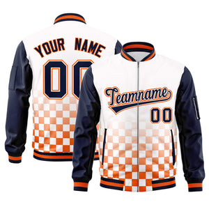 Custom White Navy-Orange Grid Varsity Full-Zip Color Block Letterman Raglan Sleeve Jacket