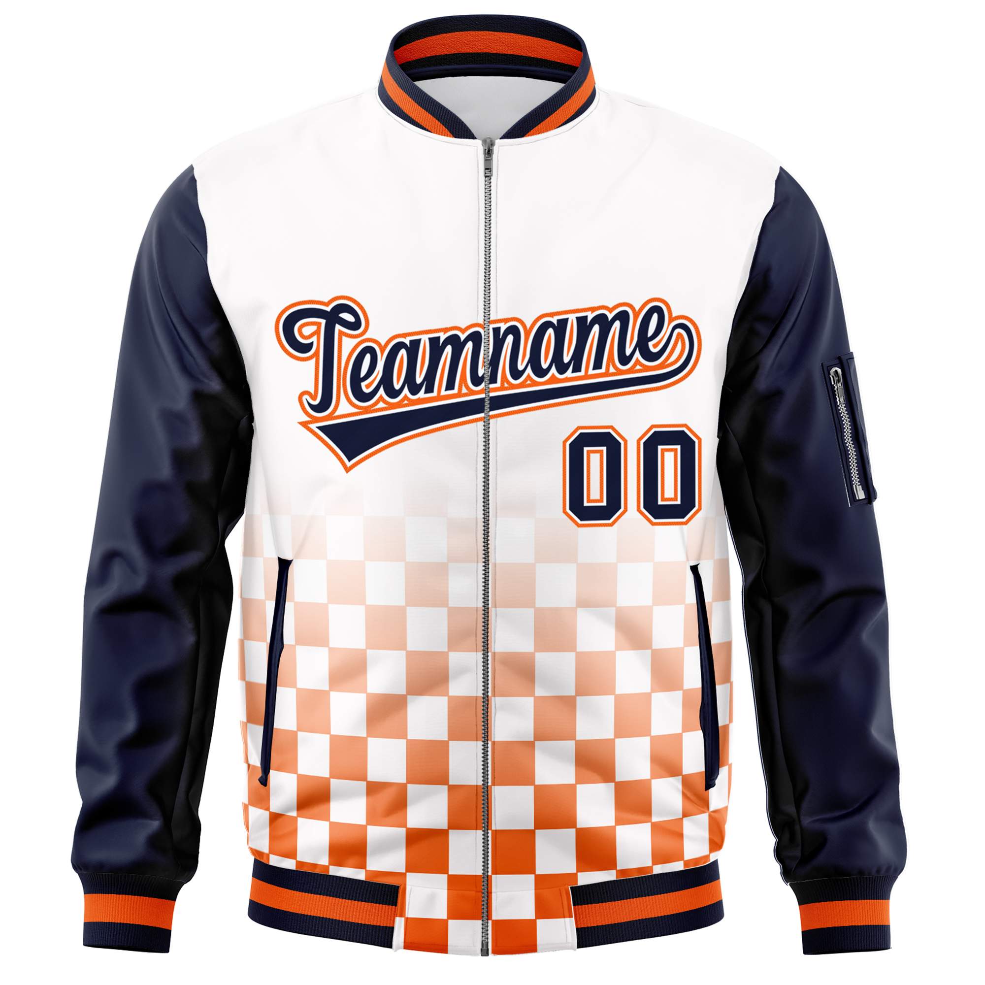 Custom White Navy-Orange Grid Varsity Full-Zip Color Block Letterman Raglan Sleeve Jacket