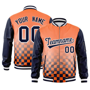 Custom Orange Navy-White Grid Varsity Full-Zip Color Block Letterman Raglan Sleeve Jacket