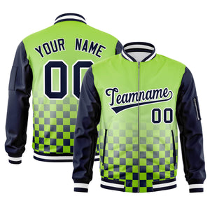 Custom Neon Green Navy-White Grid Varsity Full-Zip Color Block Letterman Raglan Sleeve Jacket