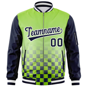 Custom Neon Green Navy-White Grid Varsity Full-Zip Color Block Letterman Raglan Sleeve Jacket