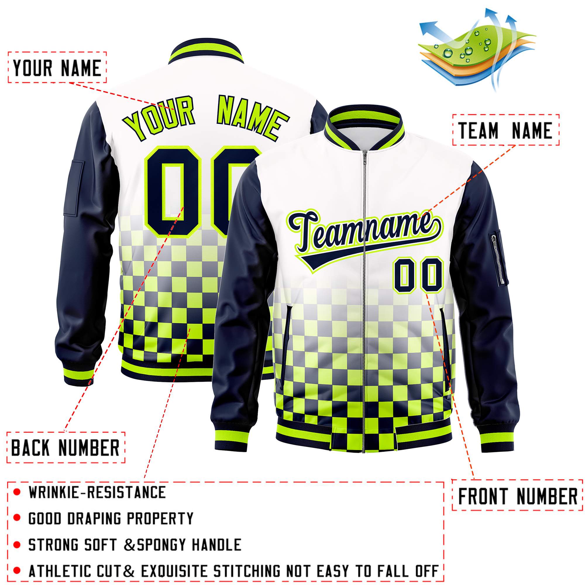 Custom White Navy-Neon Green Grid Varsity Full-Zip Color Block Letterman Raglan Sleeve Jacket