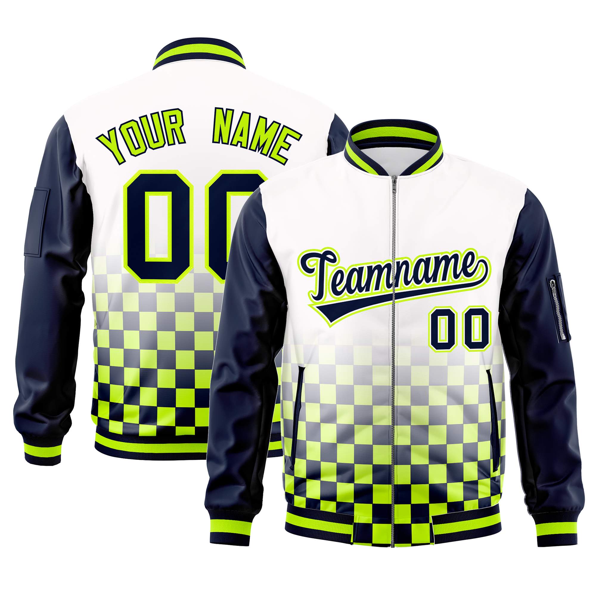 Custom White Navy-Neon Green Grid Varsity Full-Zip Color Block Letterman Raglan Sleeve Jacket