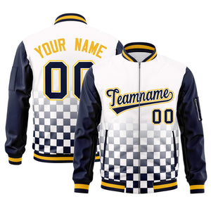 Custom White Navy-Gold Grid Varsity Full-Zip Color Block Letterman Raglan Sleeve Jacket