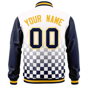 Custom White Navy-Gold Grid Varsity Full-Zip Color Block Letterman Raglan Sleeve Jacket