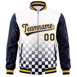 Custom White Navy-Gold Grid Varsity Full-Zip Color Block Letterman Raglan Sleeve Jacket