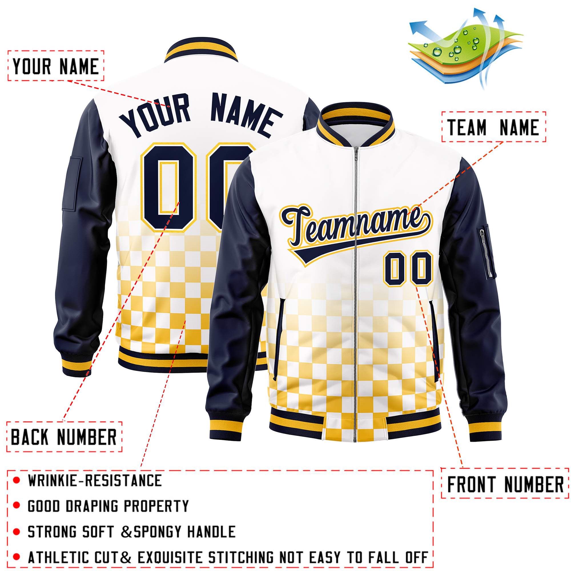 Custom White Navy-Gold Grid Varsity Full-Zip Color Block Letterman Raglan Sleeve Jacket