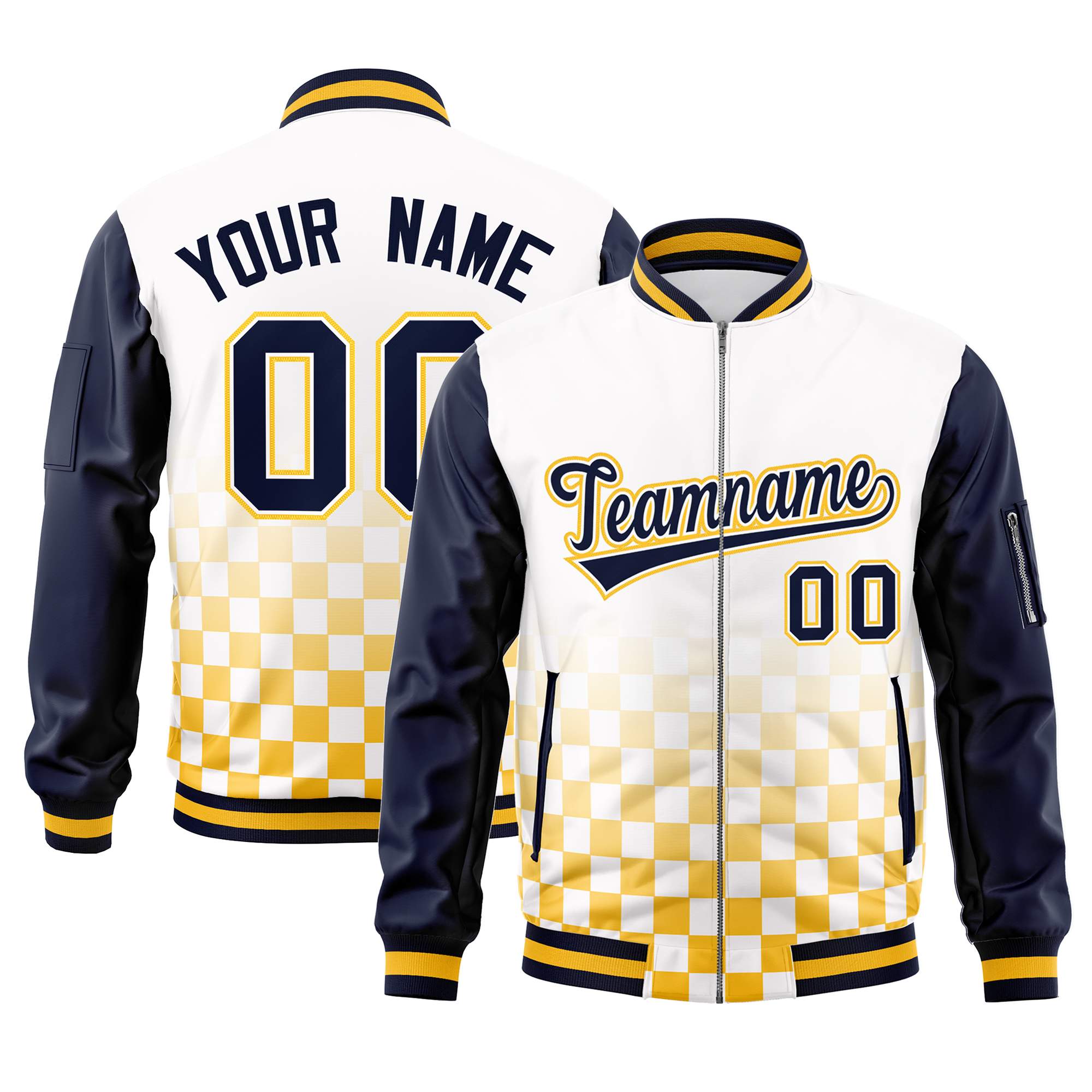 Custom White Navy-Gold Grid Varsity Full-Zip Color Block Letterman Raglan Sleeve Jacket