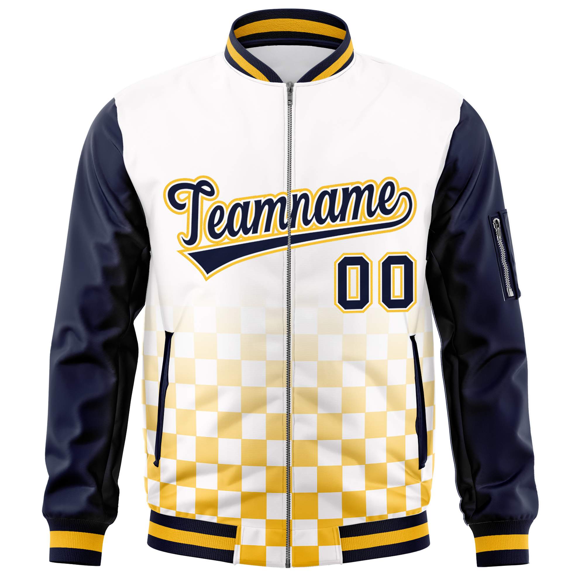 Custom White Navy-Gold Grid Varsity Full-Zip Color Block Letterman Raglan Sleeve Jacket