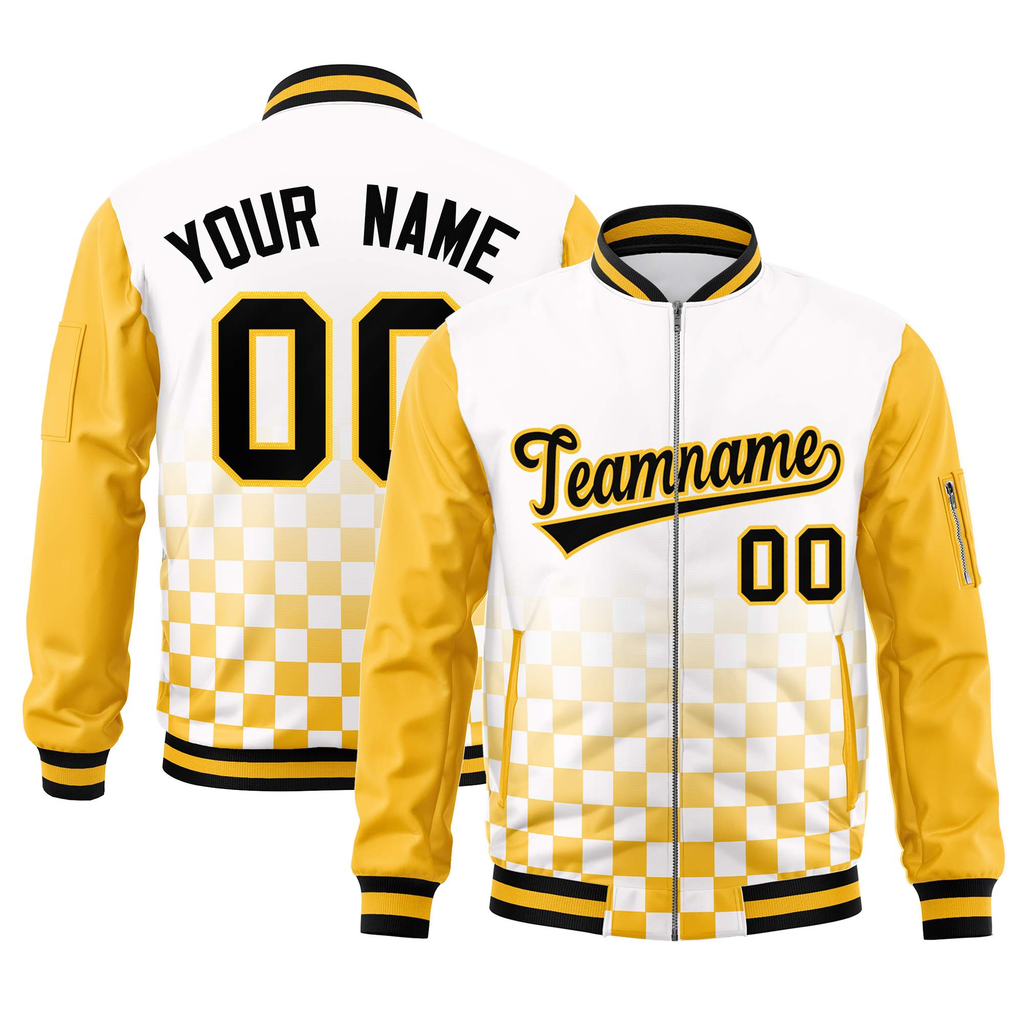 Custom White Black-Gold Grid Varsity Full-Zip Color Block Letterman Raglan Sleeve Jacket