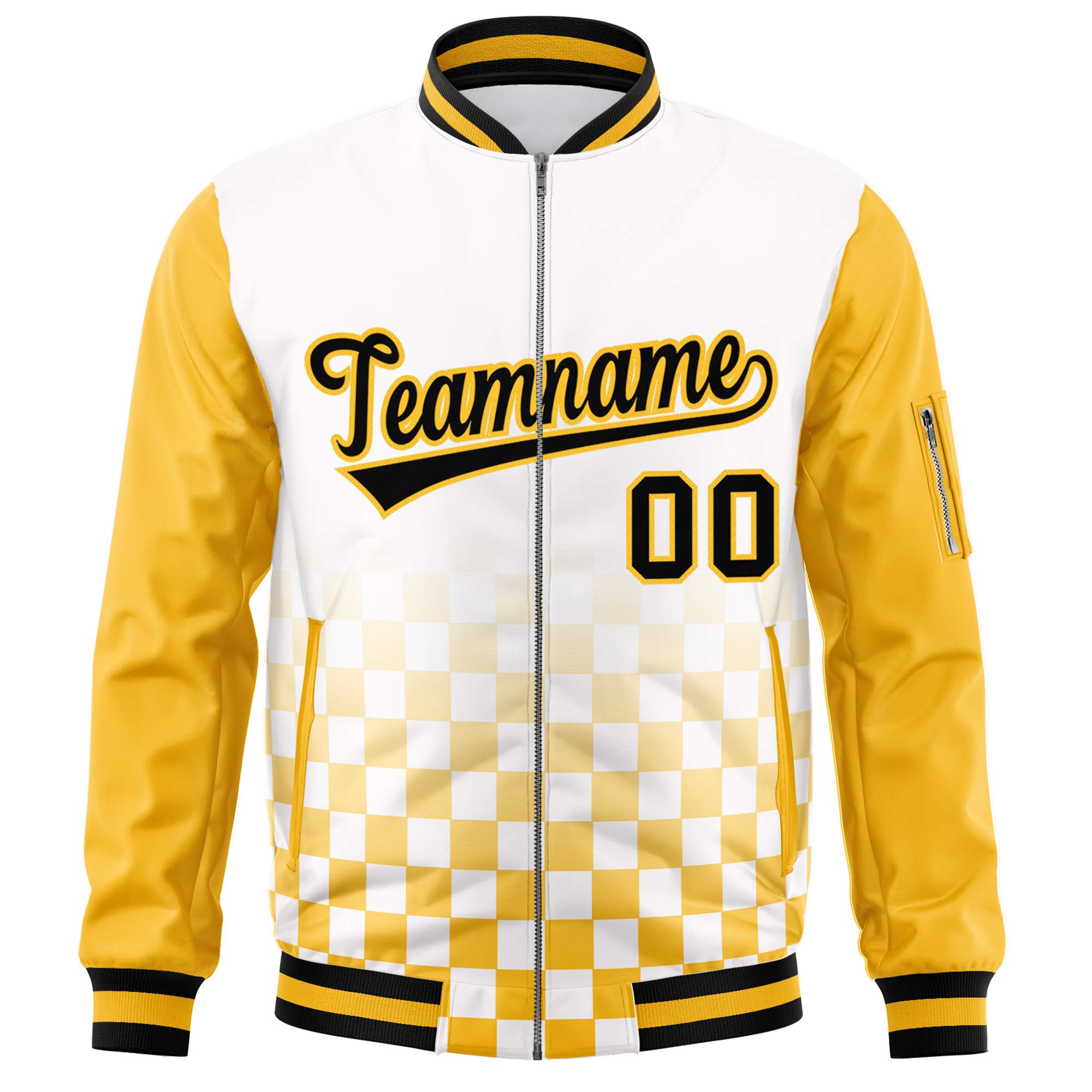 Custom White Black-Gold Grid Varsity Full-Zip Color Block Letterman Raglan Sleeve Jacket