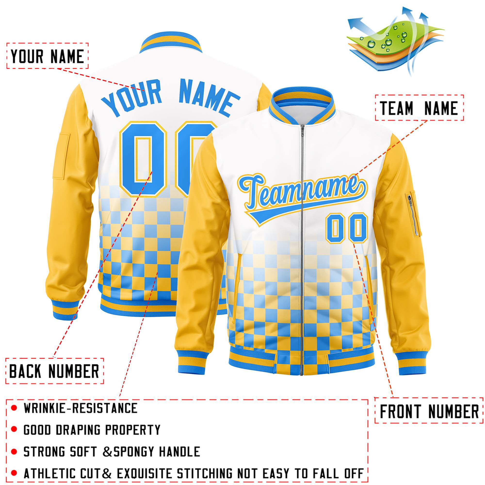 Custom White Powder Blue-Gold Grid Varsity Full-Zip Color Block Letterman Raglan Sleeve Jacket