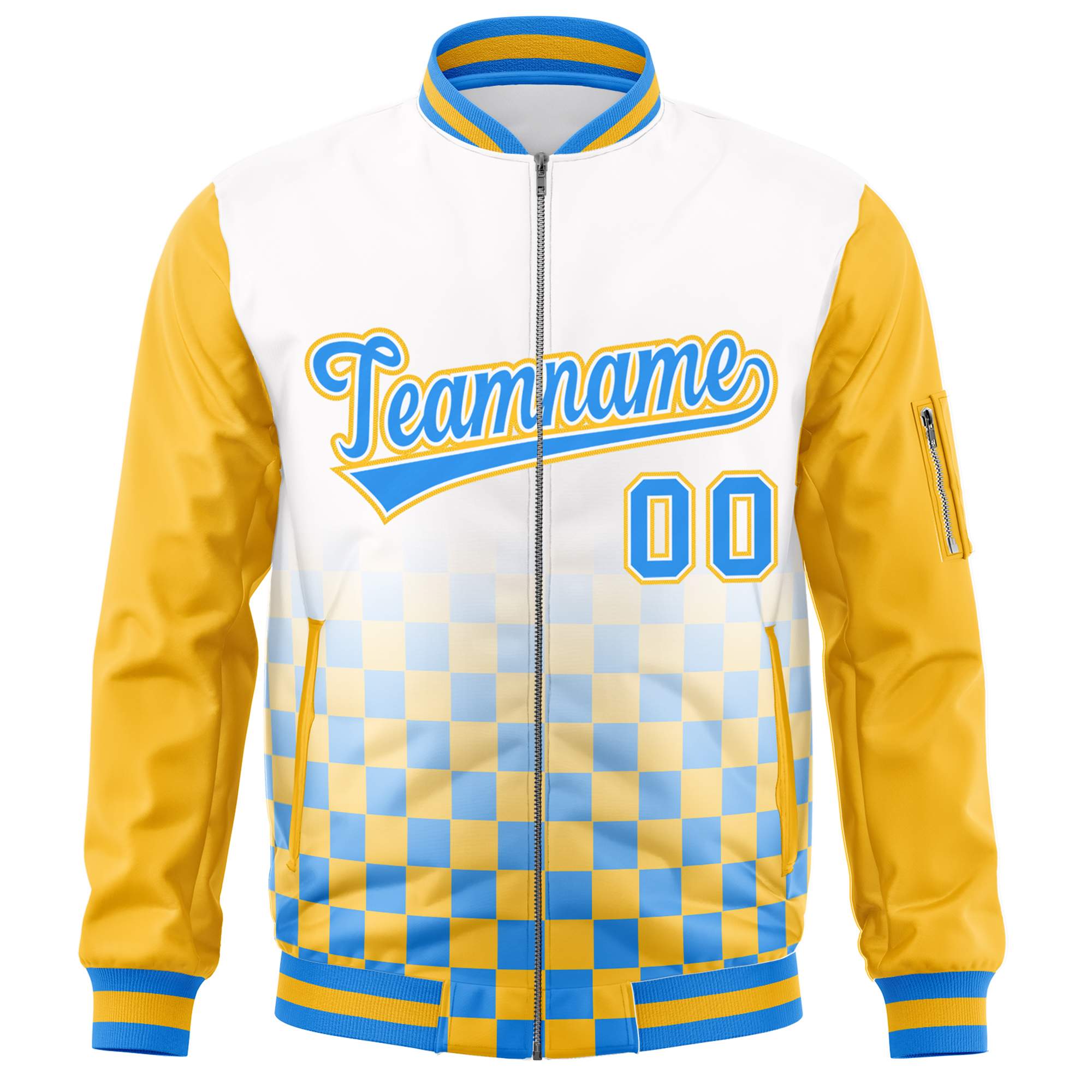 Custom White Powder Blue-Gold Grid Varsity Full-Zip Color Block Letterman Raglan Sleeve Jacket