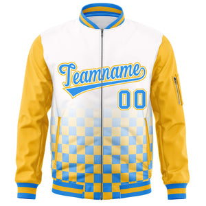 Custom White Powder Blue-Gold Grid Varsity Full-Zip Color Block Letterman Raglan Sleeve Jacket