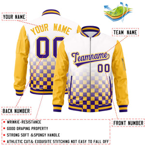 Custom White Purple-Gold Grid Varsity Full-Zip Color Block Letterman Raglan Sleeve Jacket