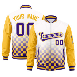 Custom White Purple-Gold Grid Varsity Full-Zip Color Block Letterman Raglan Sleeve Jacket