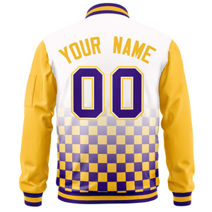 Custom White Purple-Gold Grid Varsity Full-Zip Color Block Letterman Raglan Sleeve Jacket