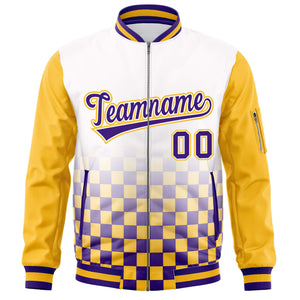 Custom White Purple-Gold Grid Varsity Full-Zip Color Block Letterman Raglan Sleeve Jacket