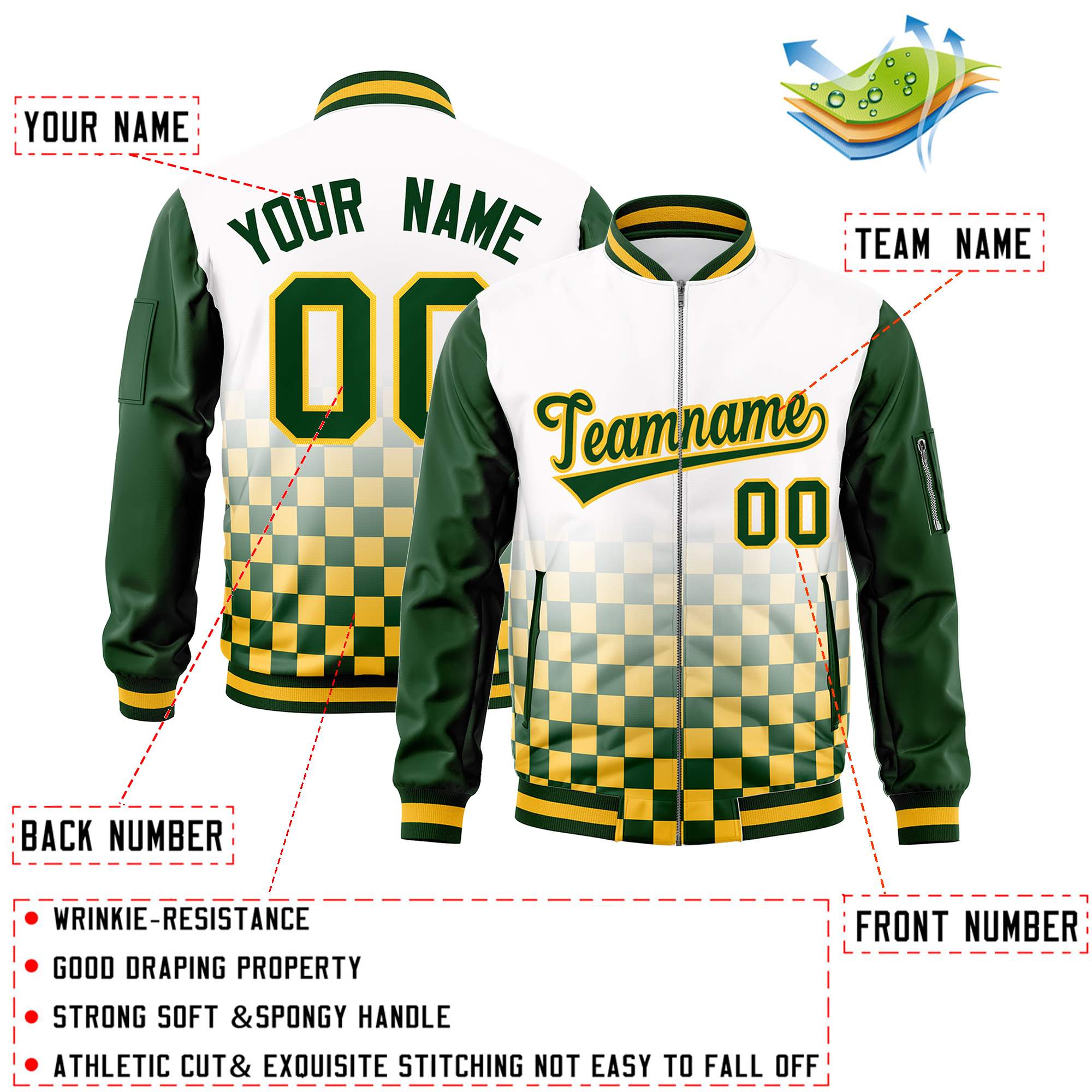 Custom White Green-Gold Grid Varsity Full-Zip Color Block Letterman Raglan Sleeve Jacket