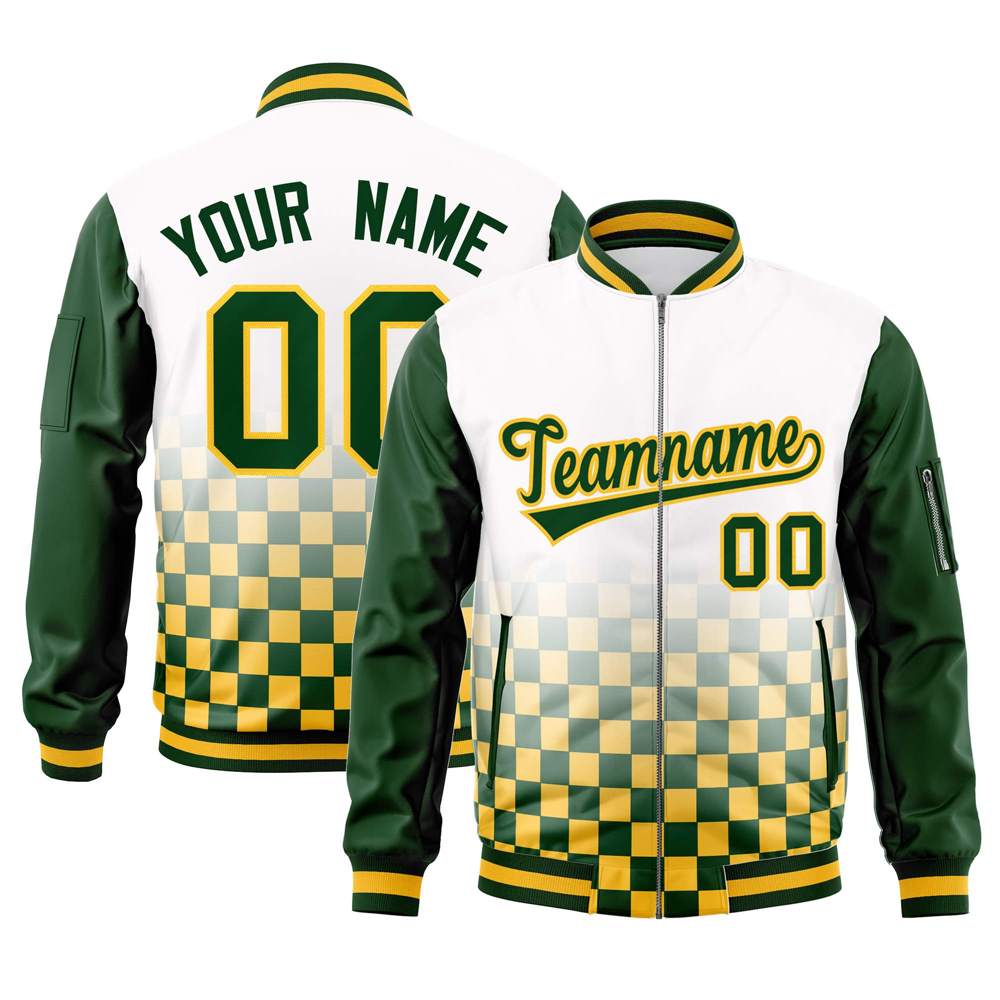 Custom White Green-Gold Grid Varsity Full-Zip Color Block Letterman Raglan Sleeve Jacket