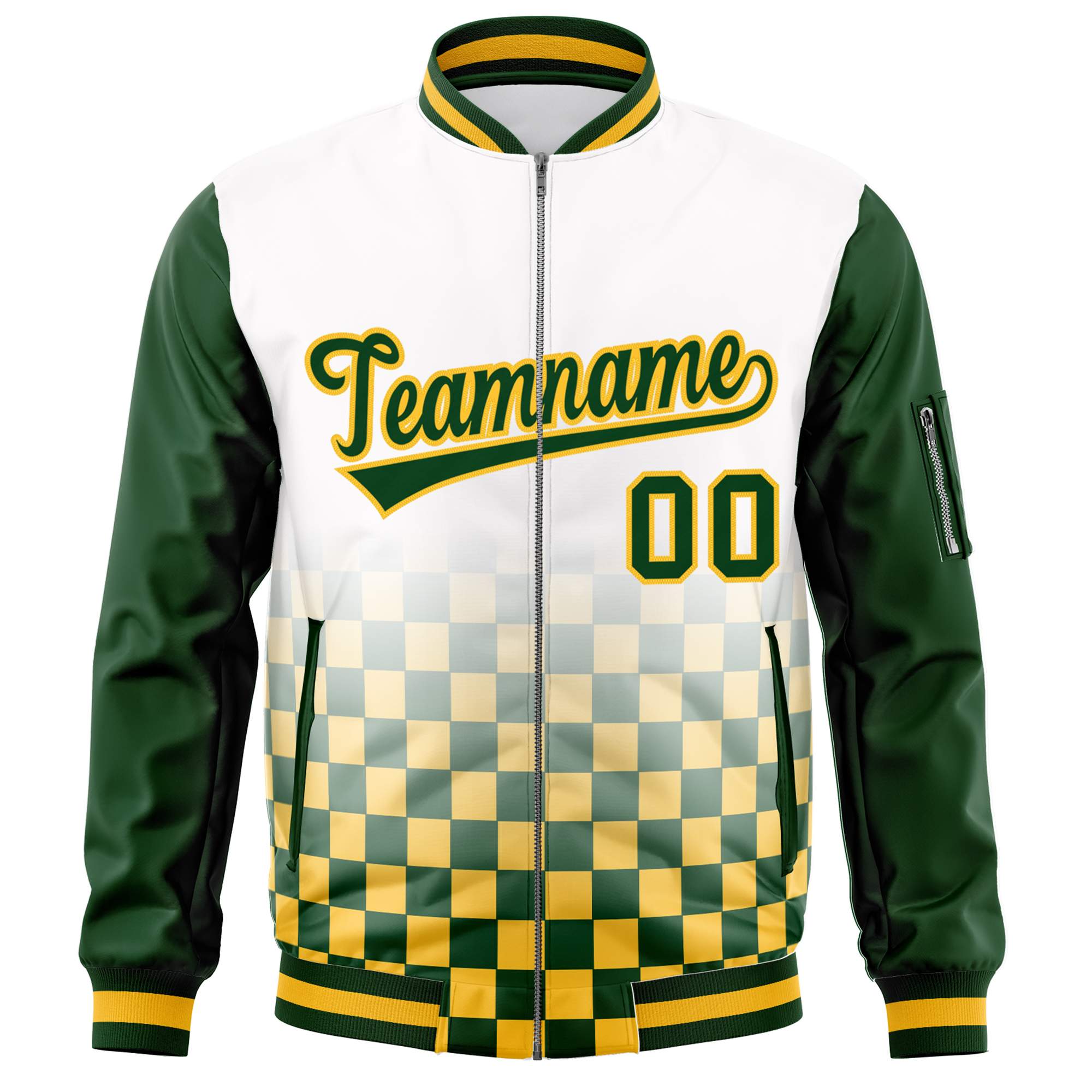 Custom White Green-Gold Grid Varsity Full-Zip Color Block Letterman Raglan Sleeve Jacket