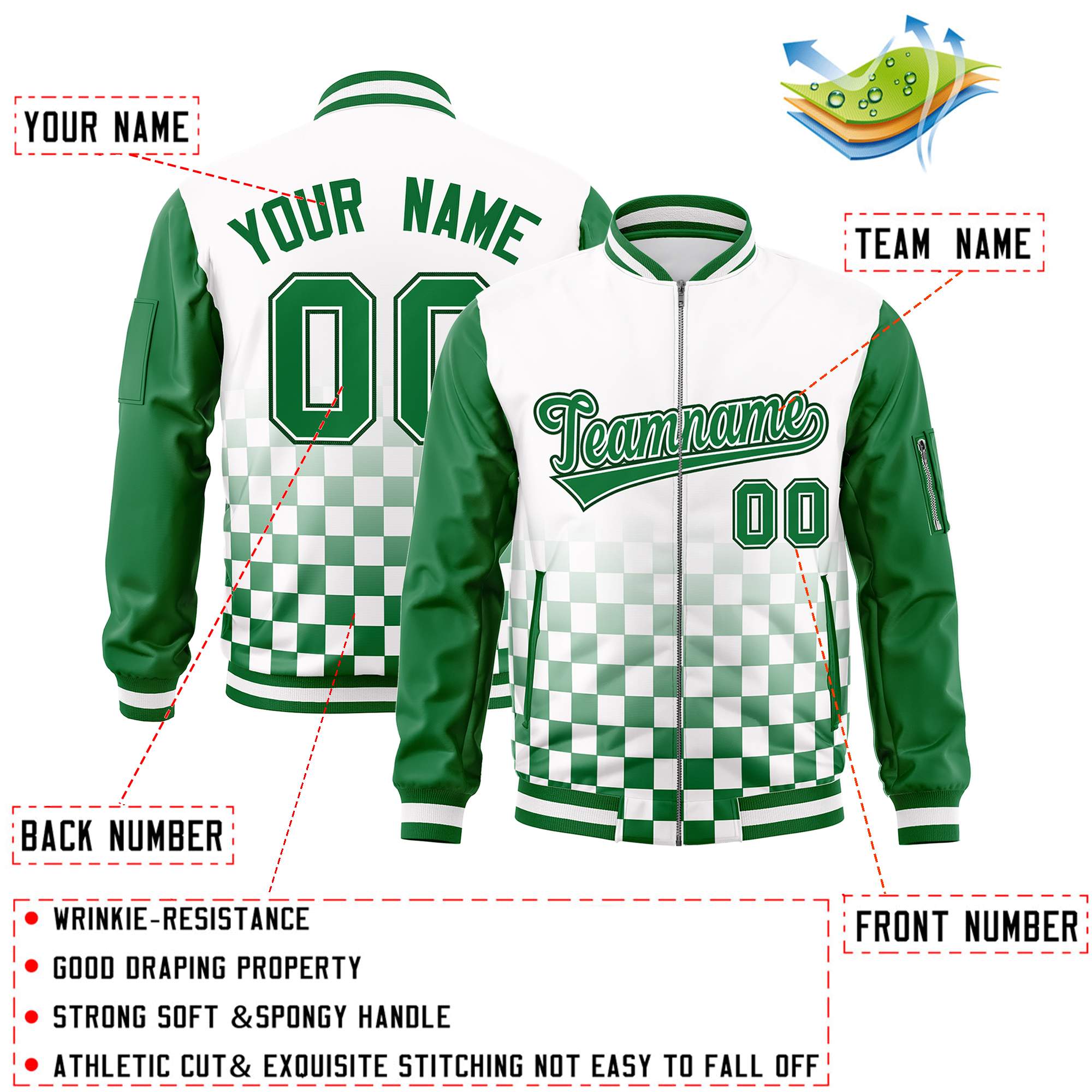 Custom White Green Grid Varsity Full-Zip Color Block Letterman Raglan Sleeve Jacket