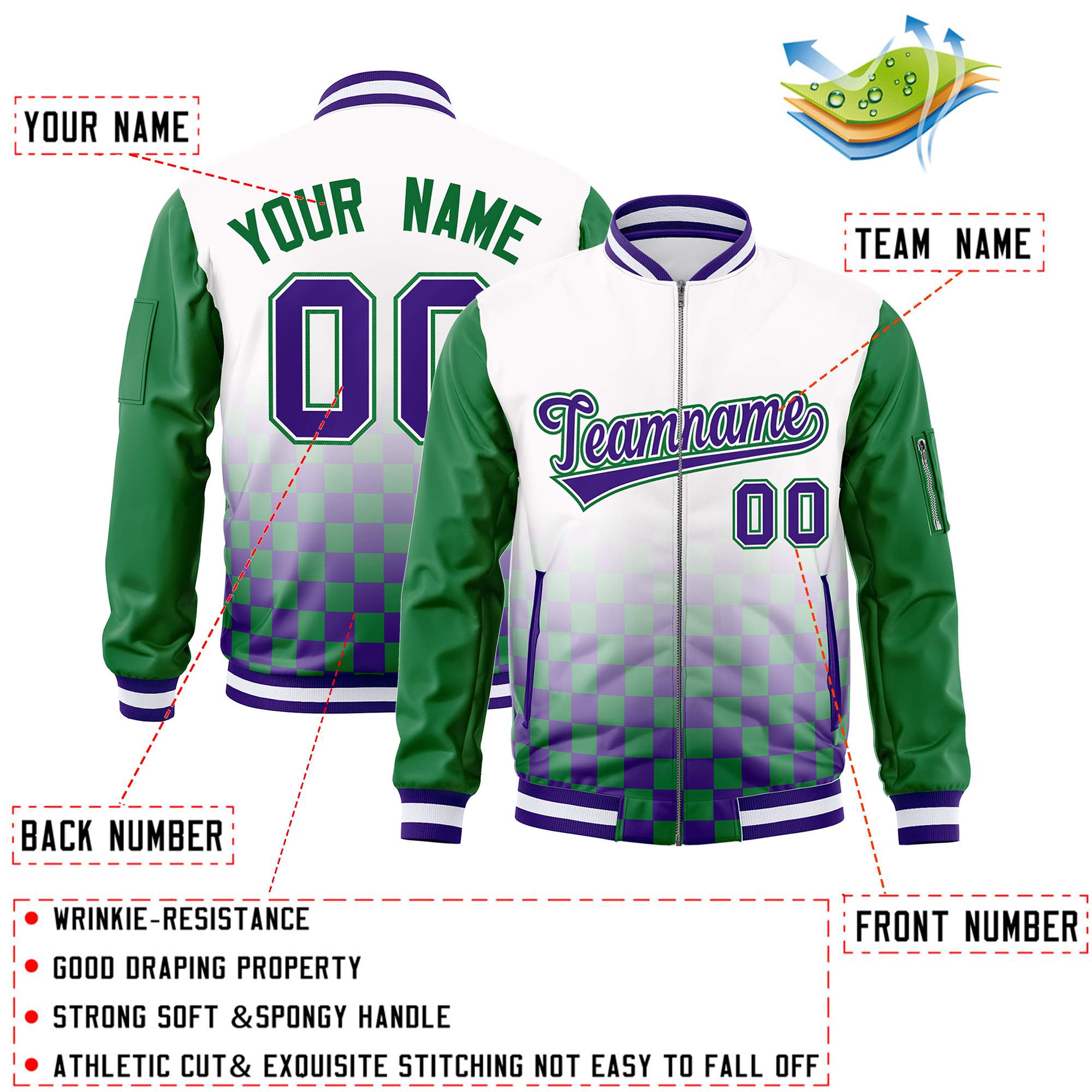 Custom White Purple-Kelly Green Grid Varsity Full-Zip Color Block Letterman Raglan Sleeve Jacket