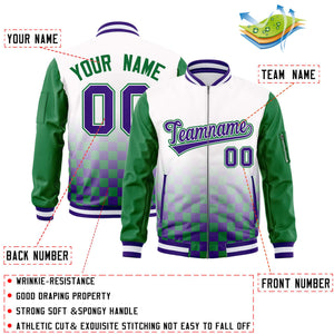 Custom White Purple-Kelly Green Grid Varsity Full-Zip Color Block Letterman Raglan Sleeve Jacket