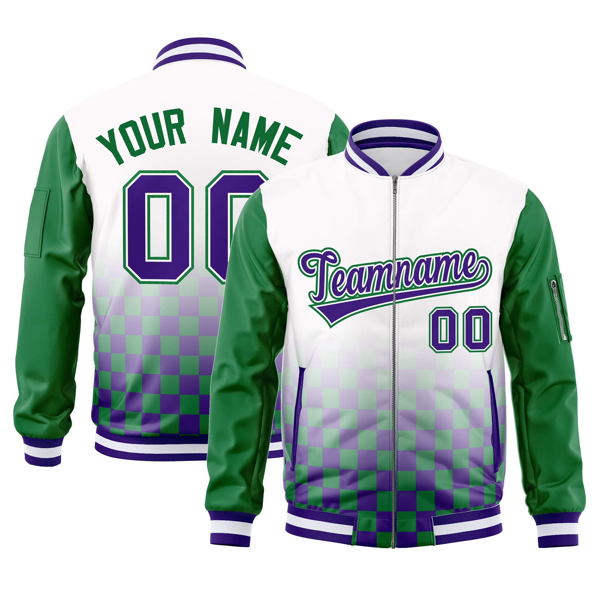 Custom White Purple-Kelly Green Grid Varsity Full-Zip Color Block Letterman Raglan Sleeve Jacket