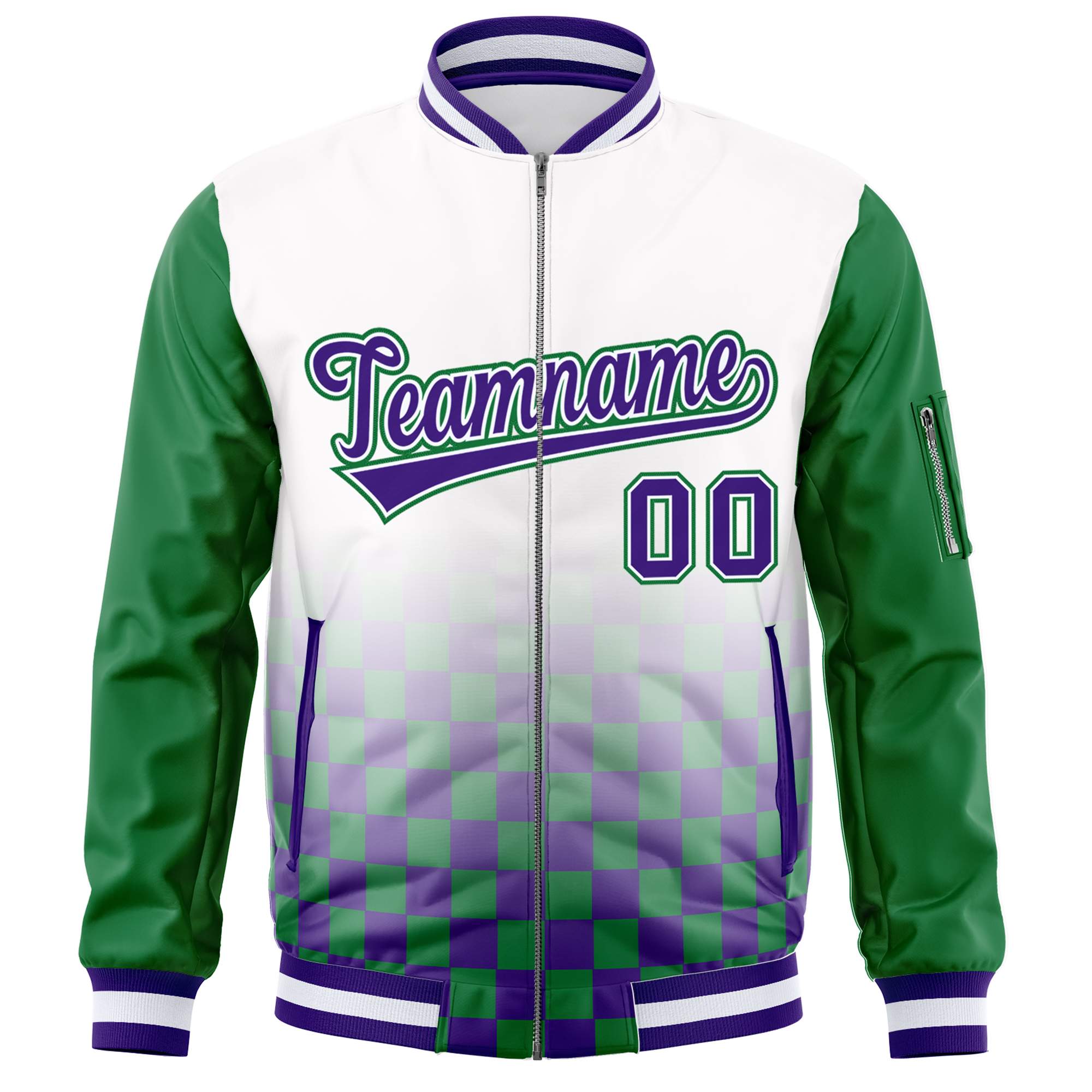 Custom White Purple-Kelly Green Grid Varsity Full-Zip Color Block Letterman Raglan Sleeve Jacket