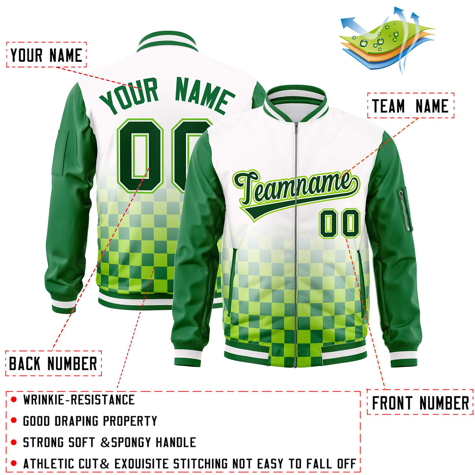 Custom White Green Grid Varsity Full-Zip Color Block Letterman Raglan Sleeve Jacket