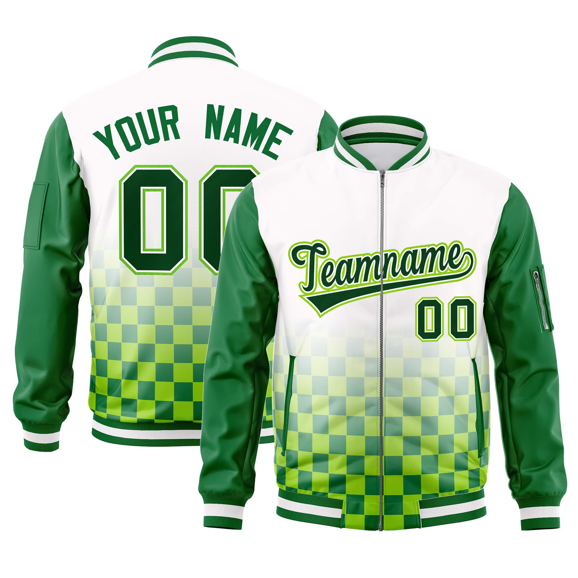 Custom White Green Grid Varsity Full-Zip Color Block Letterman Raglan Sleeve Jacket