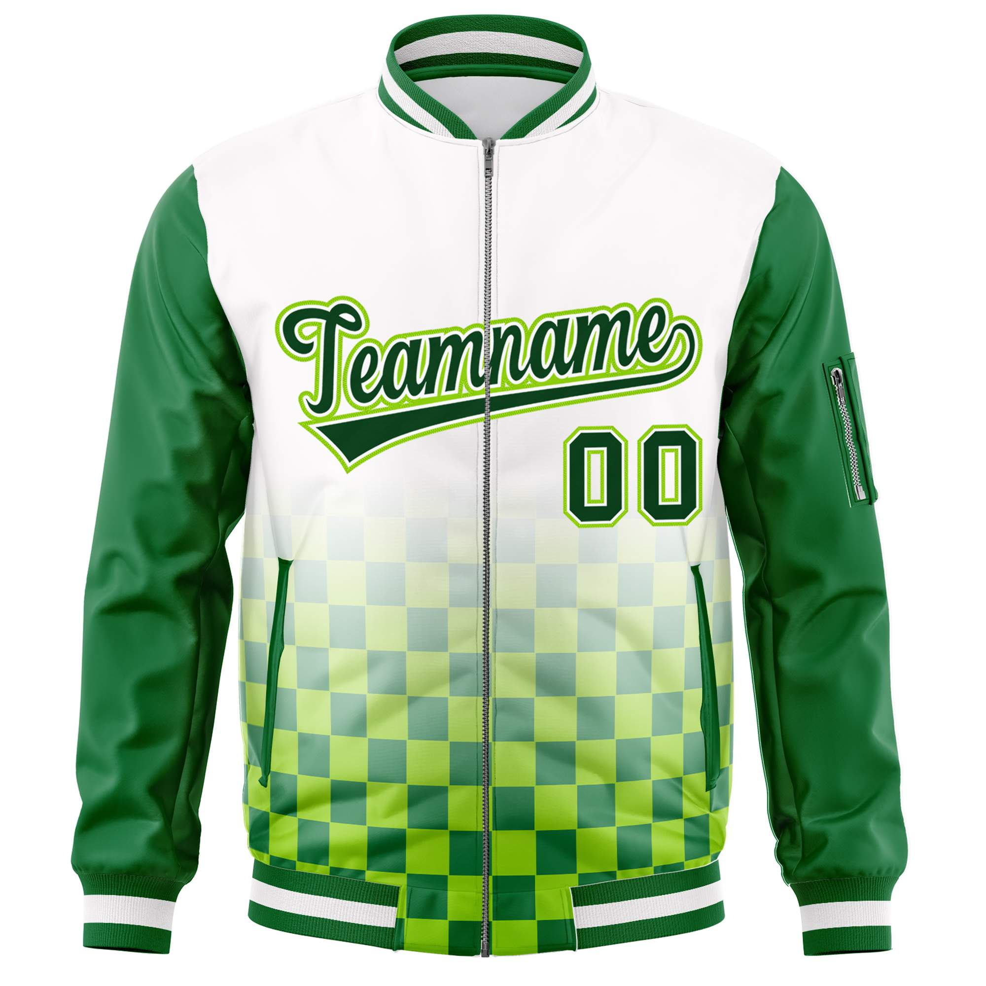 Custom White Green Grid Varsity Full-Zip Color Block Letterman Raglan Sleeve Jacket