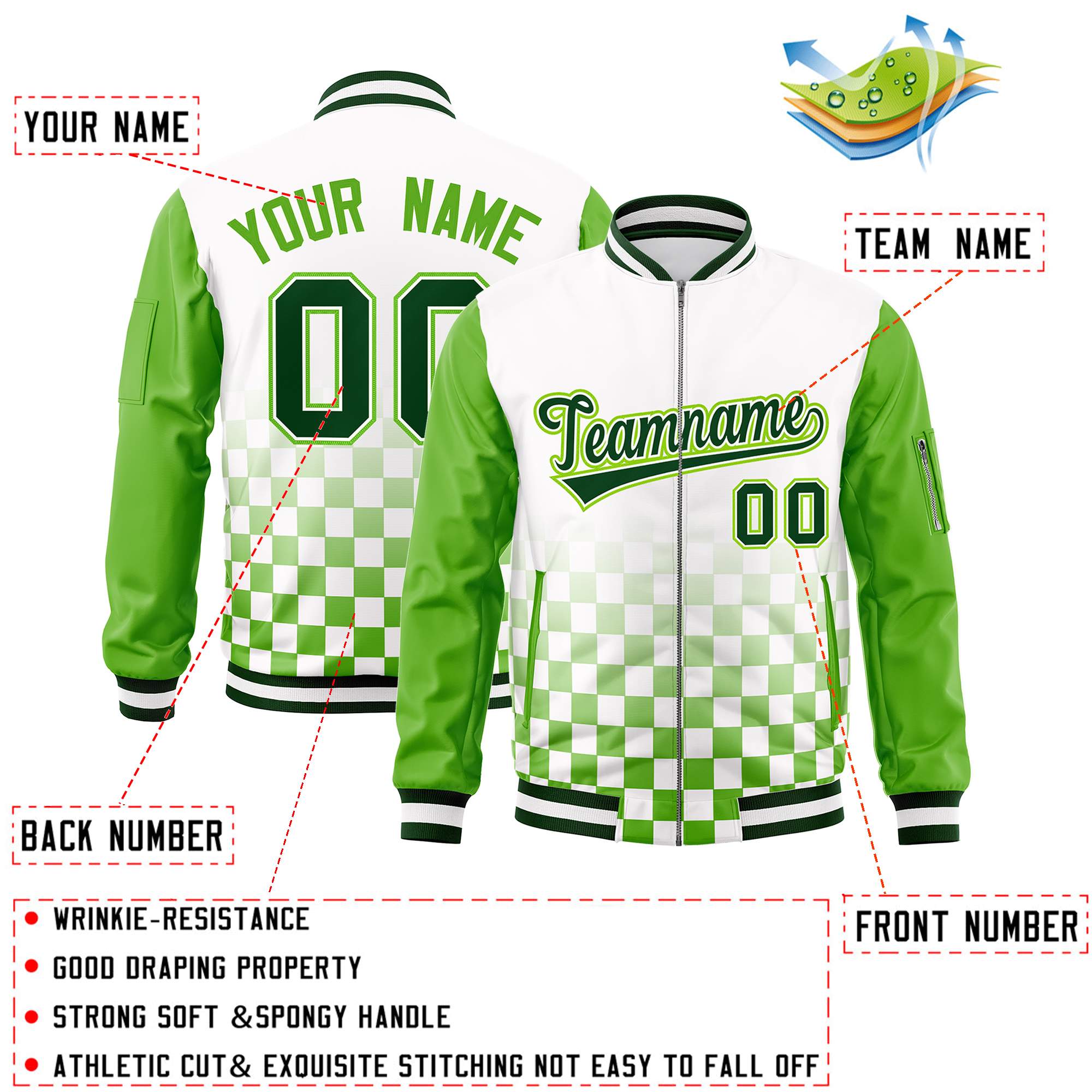 Custom White Green Grid Varsity Full-Zip Color Block Letterman Raglan Sleeve Jacket