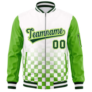 Custom White Green Grid Varsity Full-Zip Color Block Letterman Raglan Sleeve Jacket